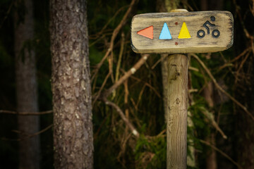 A wooden trail sign with colorful triangle symbols and a cyclist icon, marking a biking path through the forest.