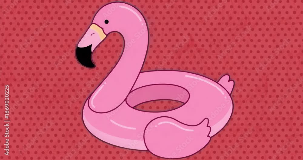 Poster looping illustration showing pink flamingo float centered on red polka-dot backdrop for branding