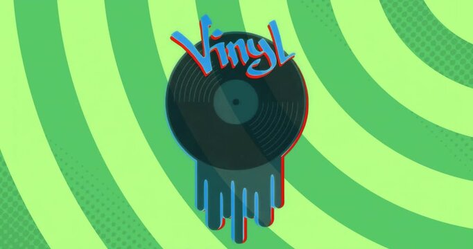 On start displaying vinyl record dripping paint, Vinyl text over expanding green rings logo reveal