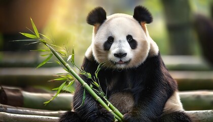 Fototapeta premium a giant panda sitting and holding a bamboo shoot adorable and relaxed posture fluffy black and white fur