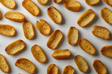 Obraz premium A repetitive pattern of small, oblong-shaped food items, similar to croutons or bread pieces, laid out on a clean white surface. The arrangement is slightly more chaotic and spread out than in the pre