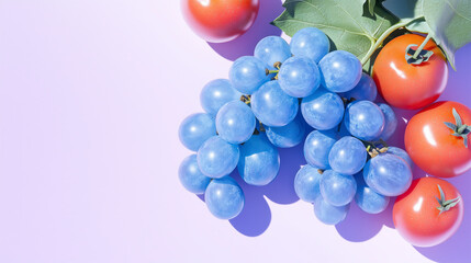 Fototapeta premium Minimalistic digital illustration showcasing an assortment of blue produce, including cerulean grapes, azure tomatoes, and turquoise peppers on a pastel gradient backdrop, crisp contours, AI generated
