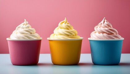 three colorful cups of creamy whipped topping against pink background