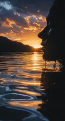 Silhouetted person by water at sunset.  Silhouette of a person's face and upper body near the water's surface, bathed in golden sunset light reflecting on the water.  Mountains in the background