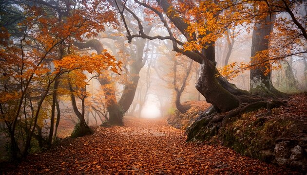 enchanted forest path with gnarled trees and orange leaves leading to misty background in autumn landscape