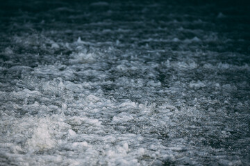 A textured close-up of foamy water rippling across the river’s surface, capturing movement, depth, and natural patterns.