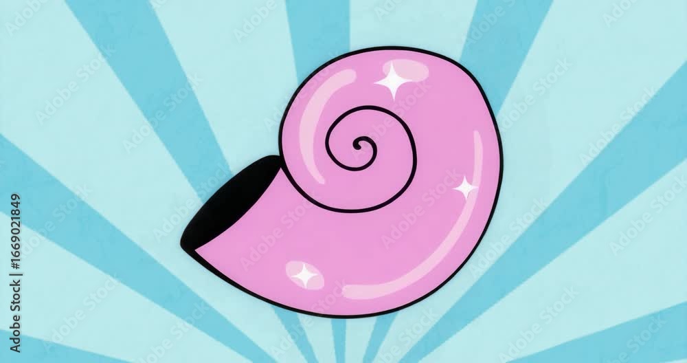 Poster on start pink spiral shell appearing centered and holding for view while blue rays radiating behind