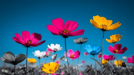 Vibrant Cosmos Flowers Against Blue Sky Artistic Photo