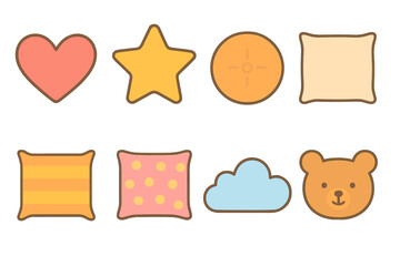 Children's Pillow Icons. Flat vector mini-illustrations pillow shapes and colors in colors children's illustrations: heart-shaped