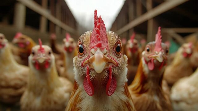 Close-up portrait of curious chickens in a barnyard