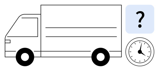Delivery truck beside clock and question mark, symbolizing time-related logistics challenges. Ideal for transportation, delivery, supply chain, logistics, time management, scheduling, planning