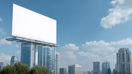 Large empty billboard display against a bright blue sky with white clouds and modern city buildings in the background offering a clear advertising space.