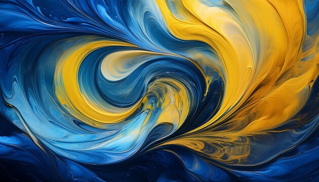 unique abstract artwork features dynamic swirls of blue and yellow hues blending together the playful interaction of colors creates an eye catching visual with depth and texture