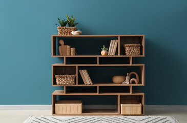 Bookshelf with baskets near blue wall in room