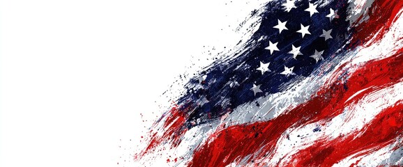 An abstract painting of a national flag, rendered in vibrant red, white, and blue hues, with a dynamic, brushstroke style that suggests movement and energy.