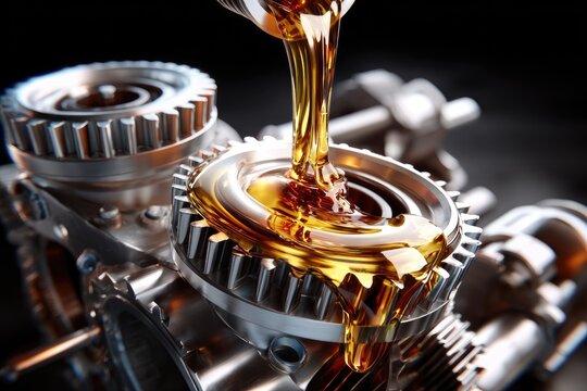Viscous golden engine oil flows onto spinning metal motor gears. This lubricating fluid maintains smooth powerful machine operation for industrial mechanical systems.