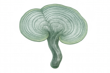Detailed illustration of a green reishi mushroom, isolated on a transparent background, showcasing its unique shape and texture