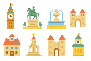 Fototapeta premium Colorful City Monuments. Flat vector mini-illustrations city monuments in colors children's illustrations: clock tower, statue in