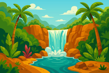 Tropical Jungle with Waterfall, rocks, palm trees, exotic plants and clear blue river. Summer travel background, nature tourism concept, flat cartoon landscape