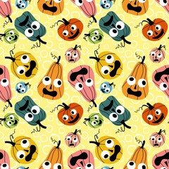 Naklejka premium Autumn harvest vegetable seamless monster Halloween pumpkins pattern for wrapping paper and fabrics