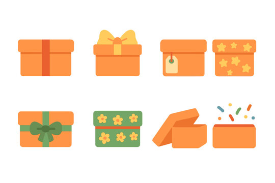 Colorful Gift Shoebox Icons. Flat vector mini-illustrations gift shoe boxes in colors children's illustrations: gift wrapped