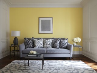 Fototapeta premium A stylish living room features a gray sofa with patterned cushions, set against a vibrant yellow wall, complemented by decorative end tables and a patterned rug.