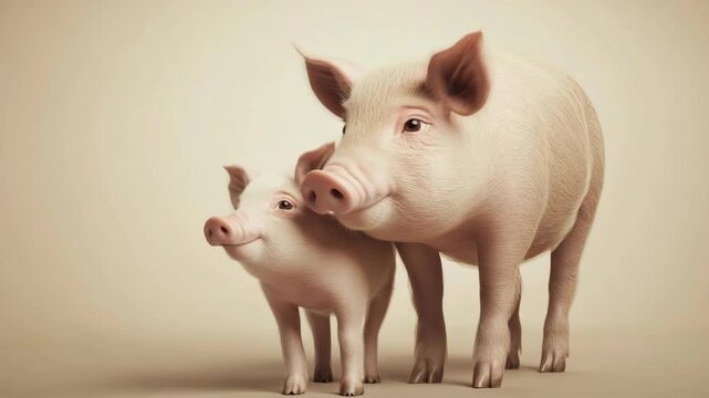 Cute piglet and adult pig standing together on beige background. Mother's Day, Mothering Sunday, Dia de la Madre - Global Maternal Celebration, Worldwide Family Holiday