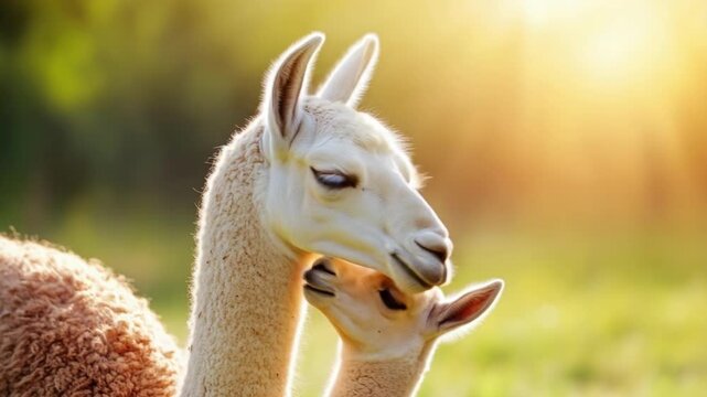 Adorable llama and baby cria in sunlit pasture. Mother's Day, Mothering Sunday, Dia de la Madre - Global Maternal Celebration, Worldwide Family Holiday