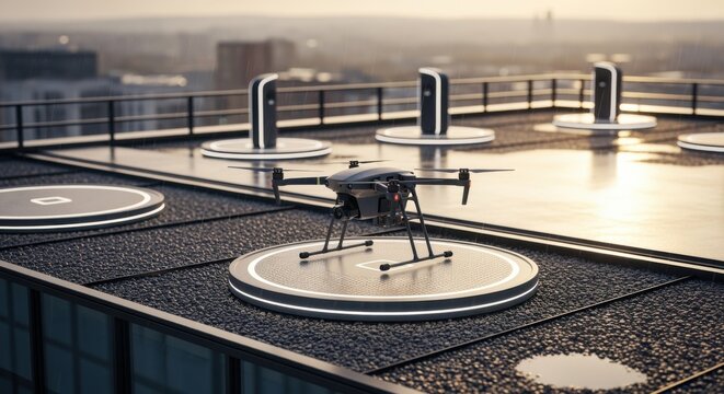 Slowmotion capture of a drone landing precisely on a newly installed delivery docking platform atop a modern office complex.