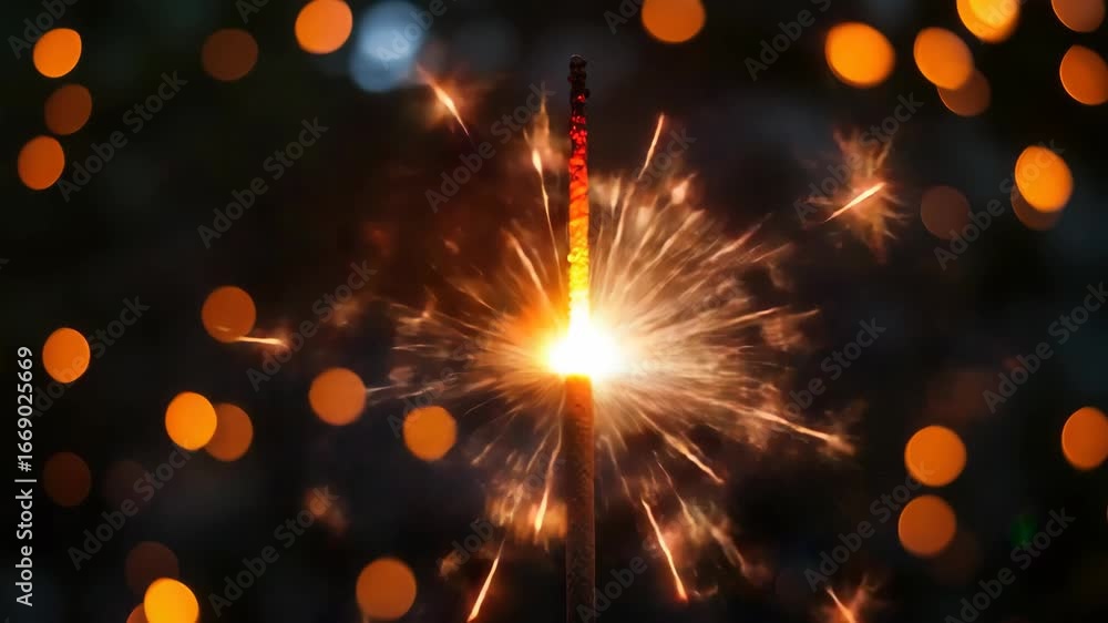 Poster sparkling handheld firework burning brightly with bokeh lights in background