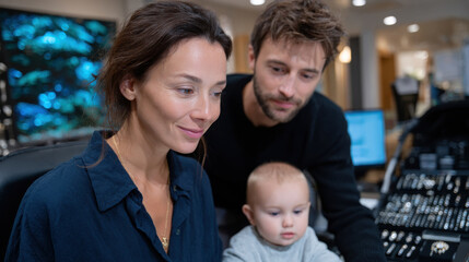 A young couple happily interacts while their baby watches, exemplifying modern parenting in a professional environment filled with technology and family dynamics.
