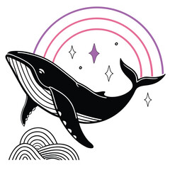 Whale swimming into neon storm silhouette