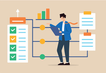 Flat illustration of operation manager review business checklist flowchart	
