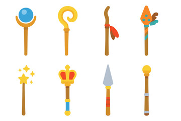 Colorful Staff Icons. Flat vector mini-illustrations Symbolic staff in colors children's illustrations: wizard staff, bishop’s