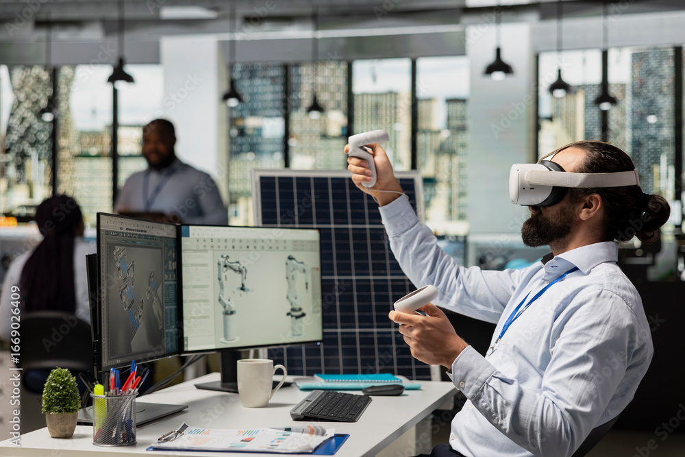 Poster engineer in office using vr headset to design solar panel cells with reduced carbon footprint. rd ex