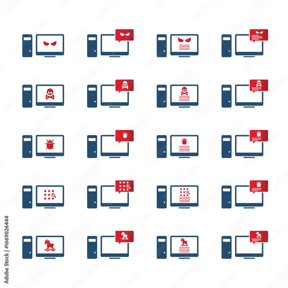 Poster malware desktop icon set. hacking concept.