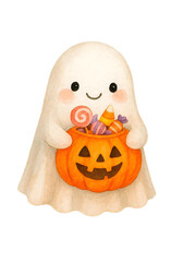 Fototapeta premium Cute Halloween Ghost Watercolor Illustration, Spooky Kawaii Spirit Clipart