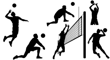 Dynamic volleyball players in action silhouettes, intense sporting activity