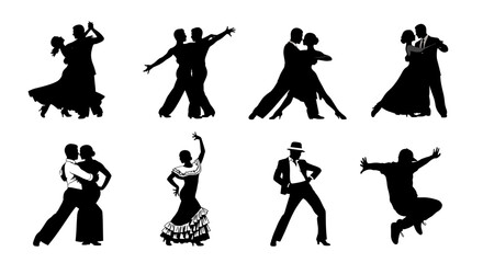 Diverse dance silhouette collection depicting various styles on a white background