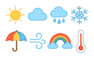 Obraz premium Colorful Weather Icons. Flat vector mini-illustrations travel weather in colors children's illustrations: sun, cloud, rain,