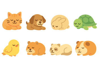 Cozy Animal Icons. Flat vector mini-illustrations lounging pets in colors children's illustrations: sleeping cat, resting dog,