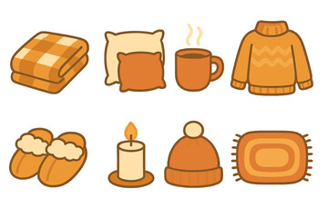Cozy Children's Icons. Flat vector mini-illustrations coziness in colors children's illustrations: warm blankets, fluffy pillows,