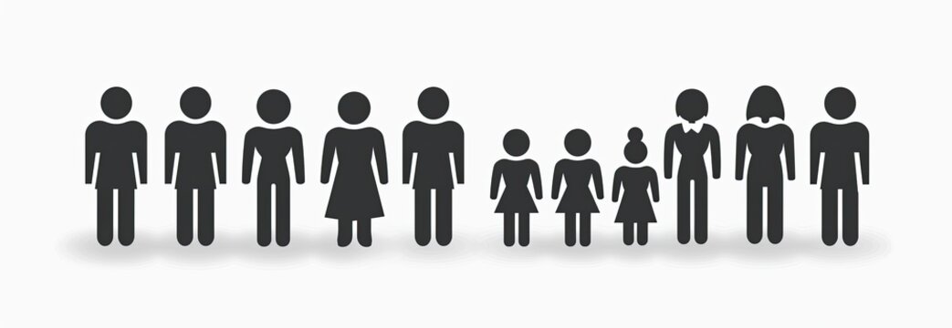 A row of simple pictogram figures depicting a diverse group, possibly a family, with varied heights and dress styles, set against a light background