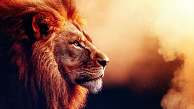 Majestic lion with full mane, illuminated by warm, golden light, gazes intently into distance