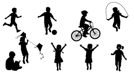 Obraz premium Playful Silhouette Collection: Children Enjoying Various Outdoor Activities on a Sunny Day