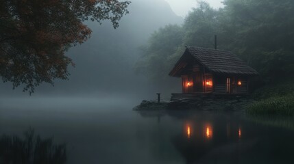 Fototapeta premium Tranquil cabin by misty lake at dusk with warm glowing lights
