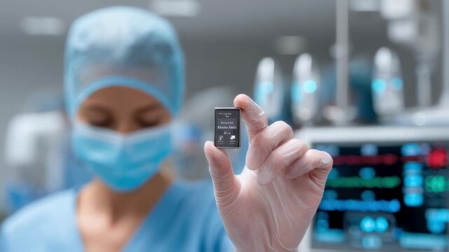 Close medium view of nurse verifying biosensor wearable patch firmware update result on screen patch in sharp center focus clinical instruments softly out of focus behind.