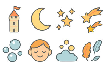 Dreamy Night Icons. Flat vector mini-illustrations ivory tower and dreams in colors children's illustrations: crescent moon, star