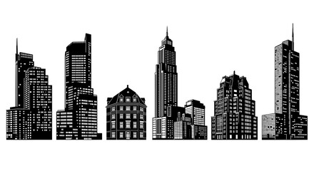 Obraz premium Detailed Monochrome Cityscape Silhouette with Diverse Architectural Styles and Design