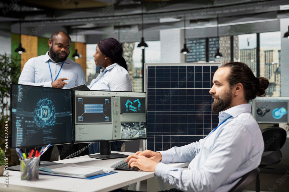 Poster engineer in office using artificial intelligence to design solar panel cells with reduced carbon foo